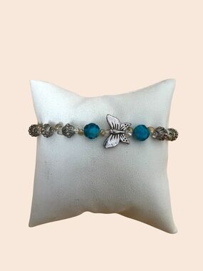 Silver tone Butterfly Bracelet with Turquoise color Beads